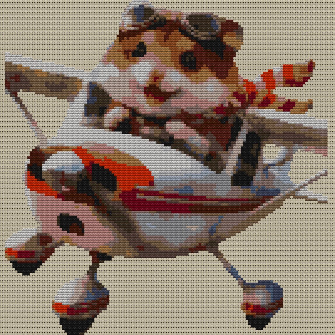 flieger-hamster full cross stitch design mockup without frame, realistic embroidery preview