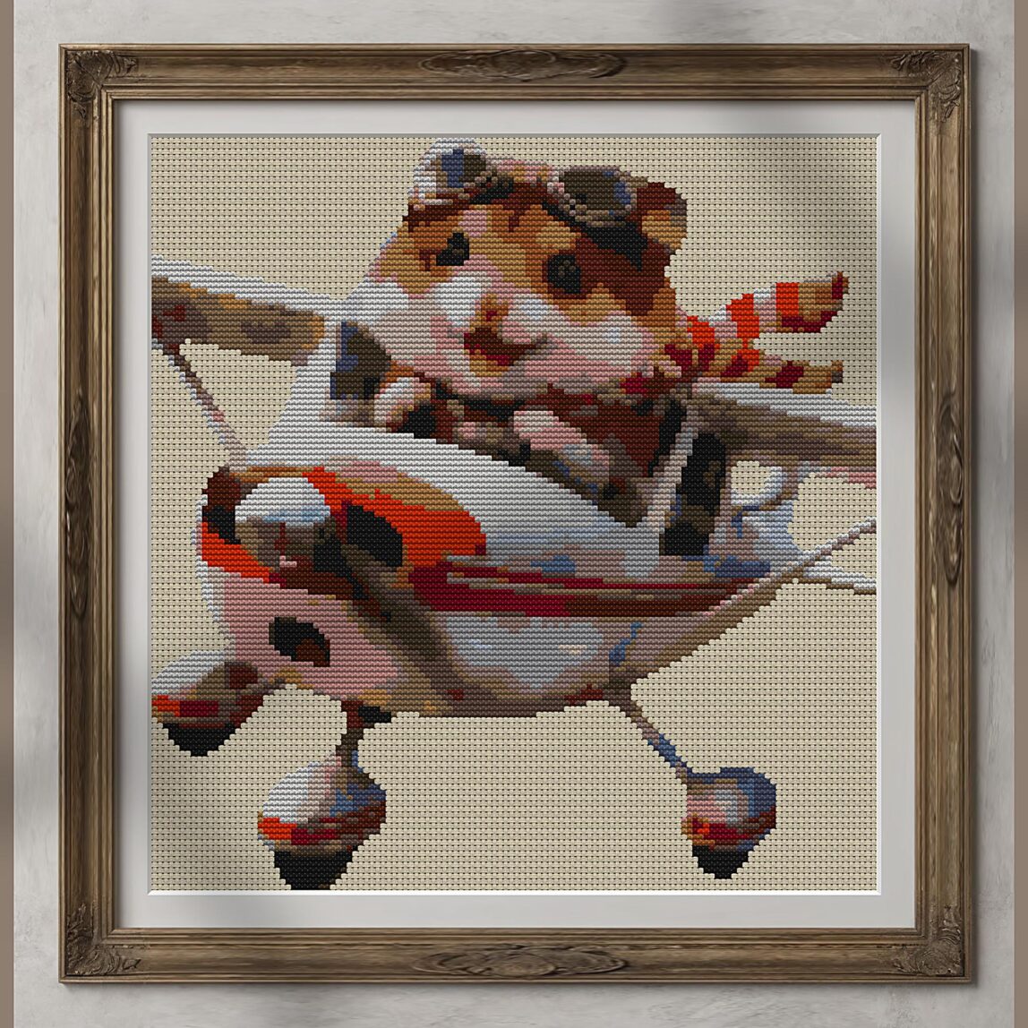 flieger-hamster alternative framed cross stitch mockup, realistic finished embroidery presentation