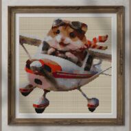 flieger-hamster alternative framed cross stitch mockup, realistic finished embroidery presentation