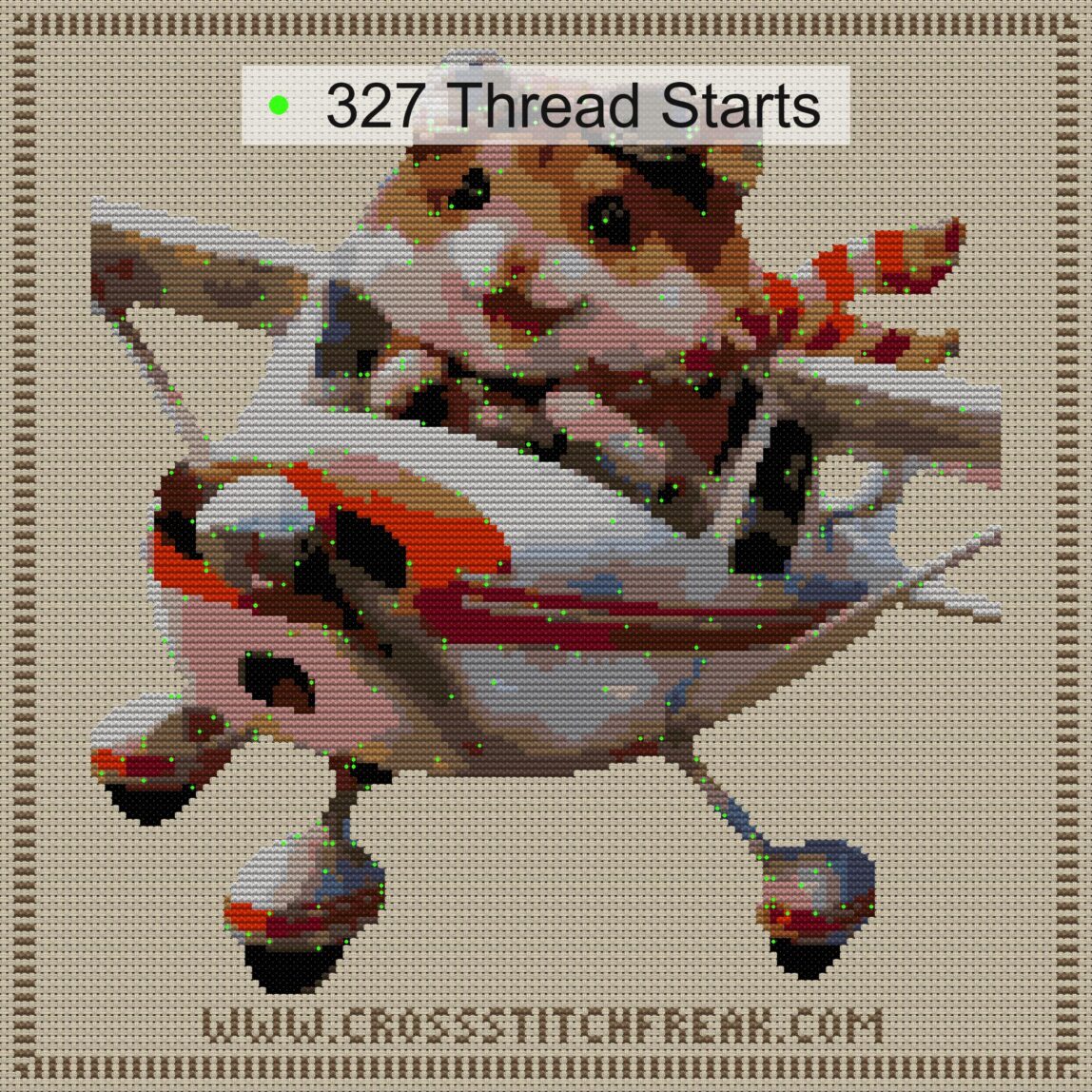flieger-hamster cross stitch start point map with highlighted thread start positions in the full design