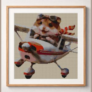 flieger-hamster framed cross stitch mockup, realistic finished embroidery design, PDF pattern digital download