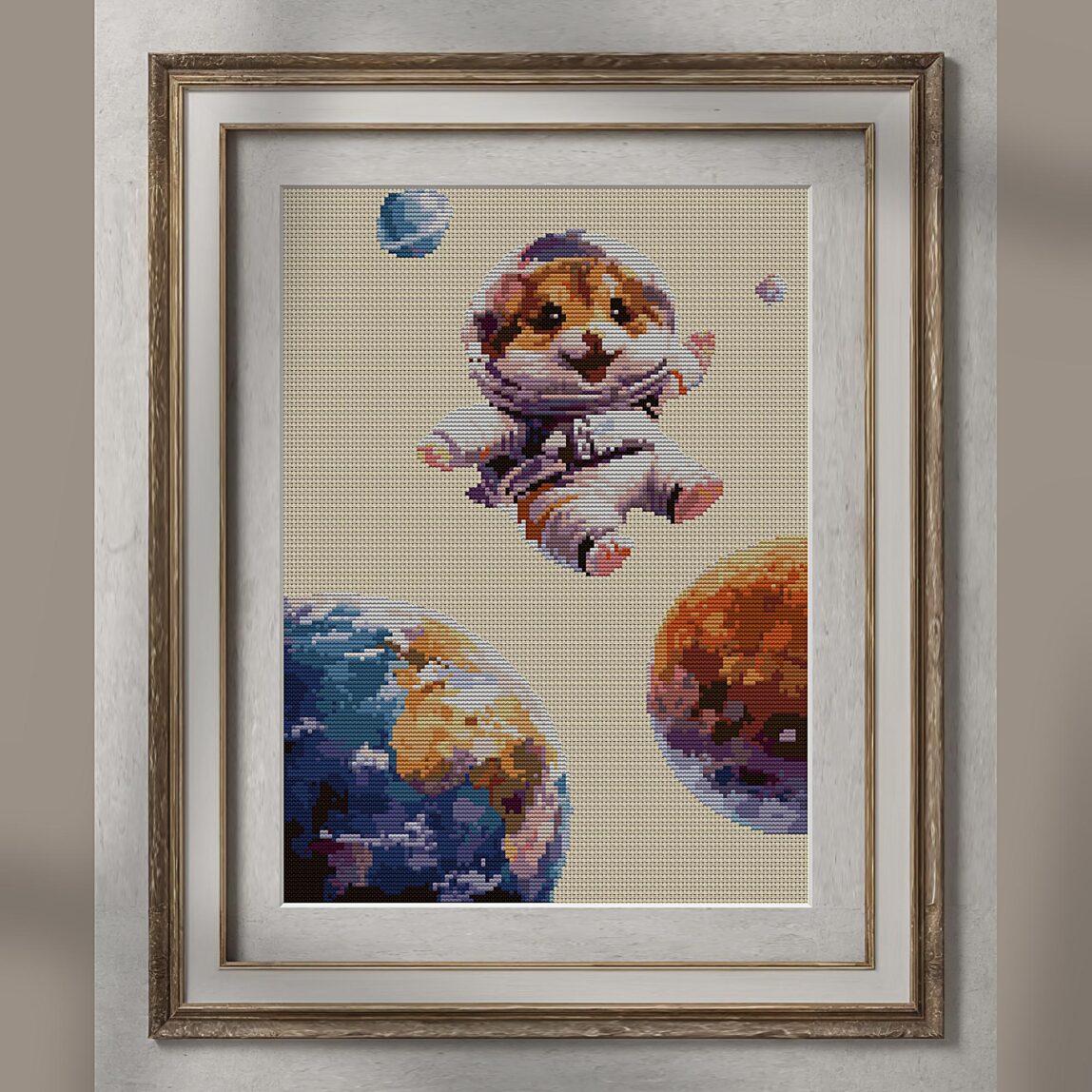 saturn-hamster alternative framed mockup saturn-hamster alternative framed cross stitch mockup, realistic finished embroidery presentation