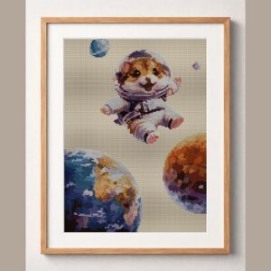 saturn-hamster framed cross stitch mockup, realistic finished embroidery design, PDF pattern digital download