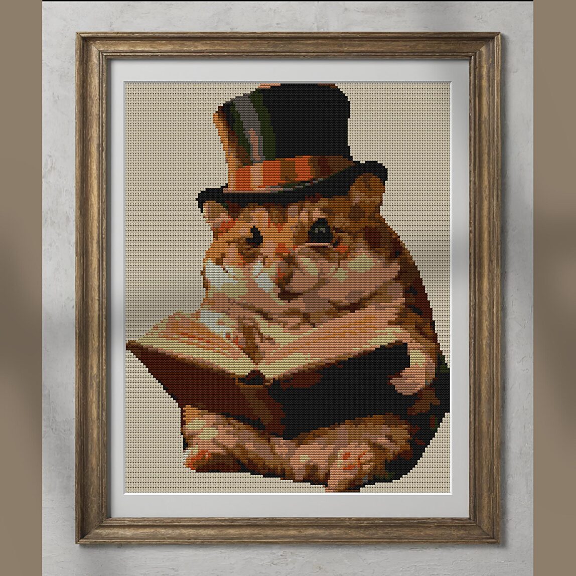 zylinder-hamster alternative framed mockup zylinder-hamster alternative framed cross stitch mockup, realistic finished embroidery presentation