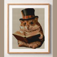 zylinder-hamster framed cross stitch mockup, realistic finished embroidery design, PDF pattern digital download