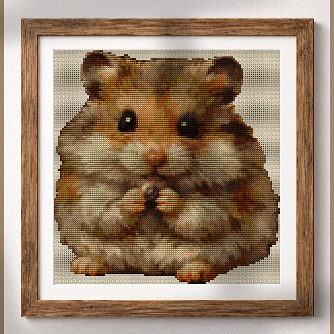 hamster-cute alternative framed cross stitch mockup, realistic finished embroidery presentation