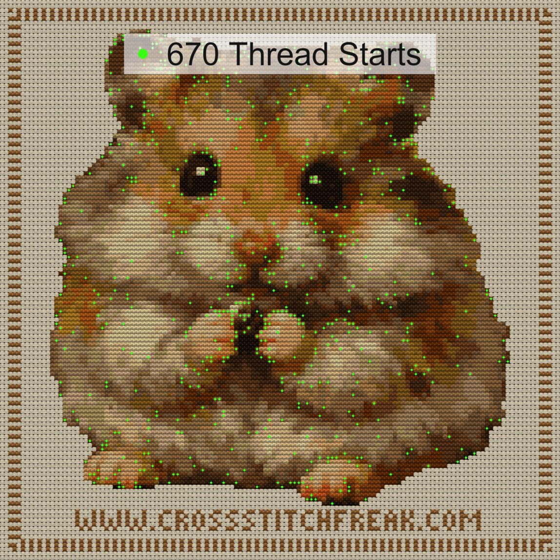 hamster-cute cross stitch start point map with highlighted thread start positions in the full design
