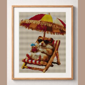 hamster-beach framed cross stitch mockup, realistic finished embroidery design, PDF pattern digital download