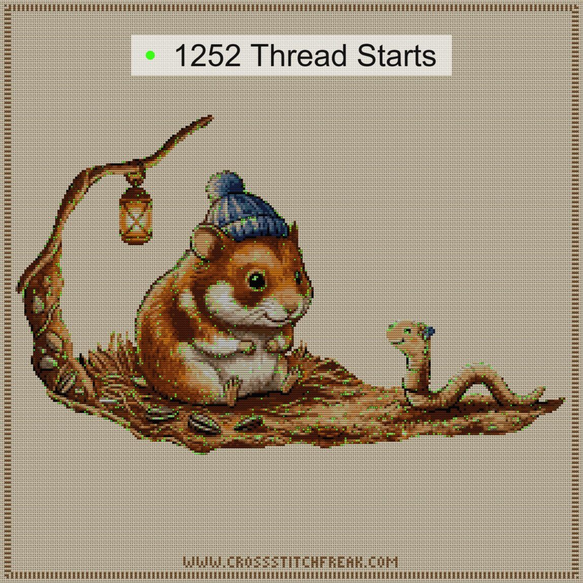 hamster-earthworm cross stitch start point map with highlighted thread start positions in the full design