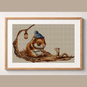 hamster-earthworm framed cross stitch mockup, realistic finished embroidery design, PDF pattern digital download