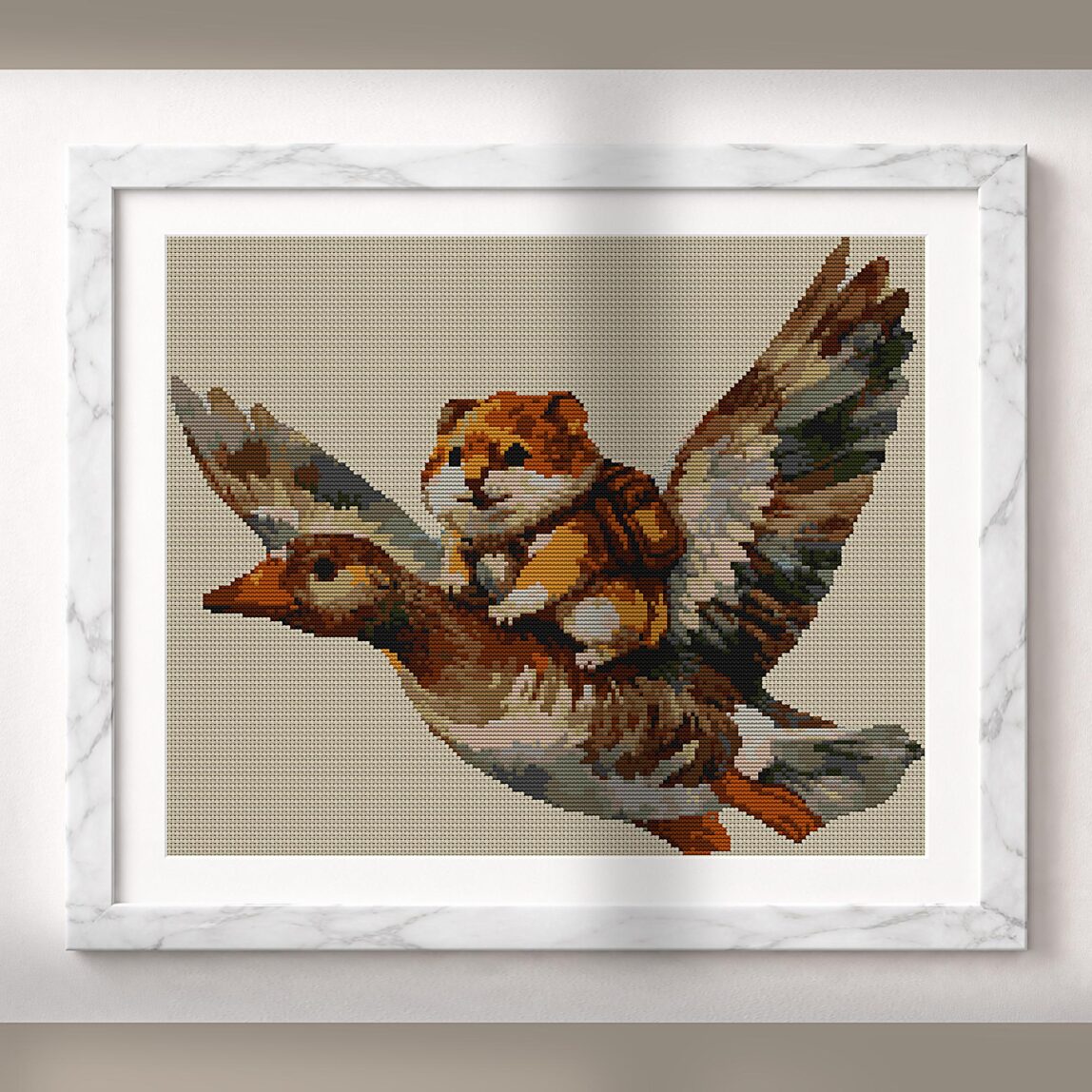 hamster-goose alternative framed mockup hamster-goose alternative framed cross stitch mockup, realistic finished embroidery presentation