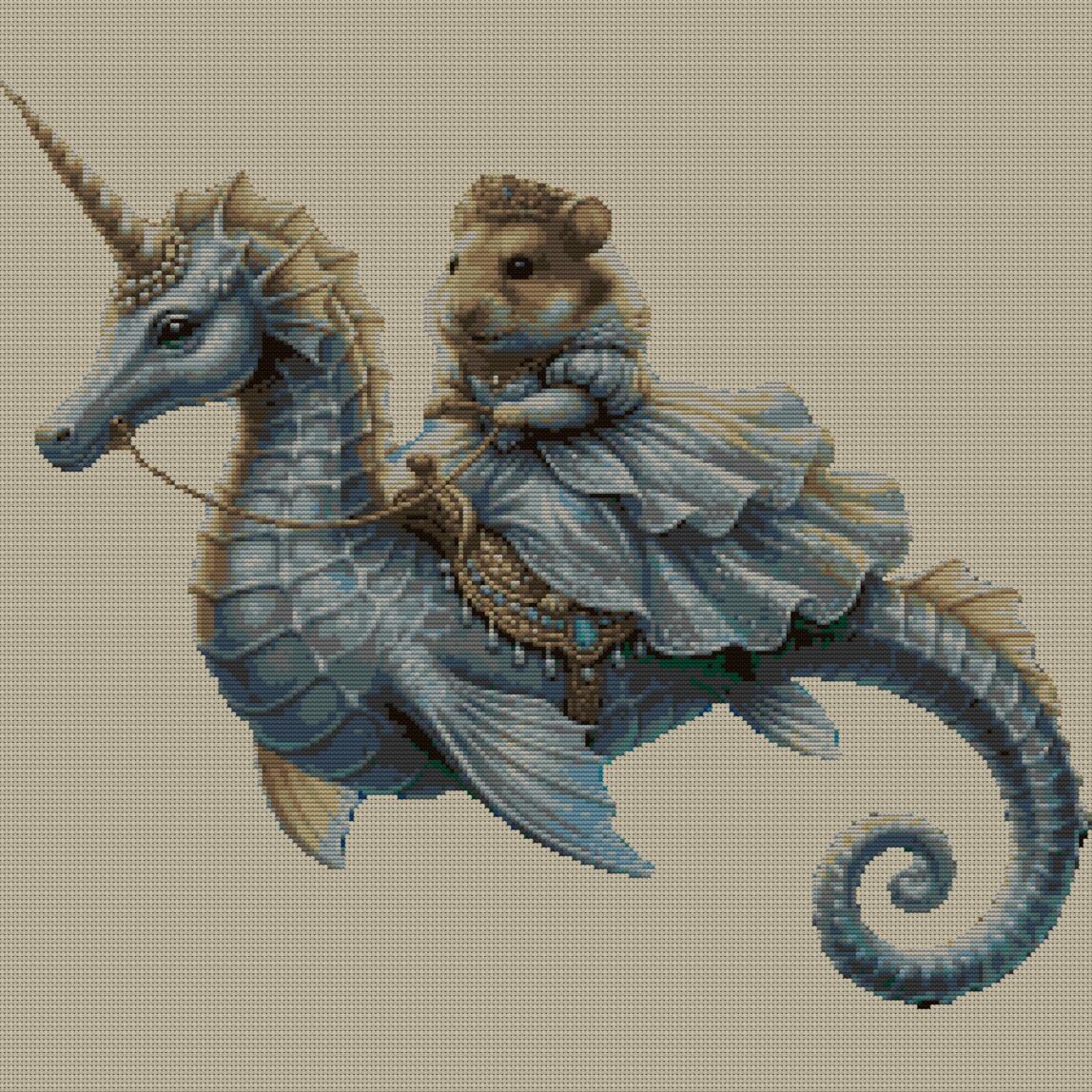 hamster-seahorse full cross stitch design mockup without frame, realistic embroidery preview