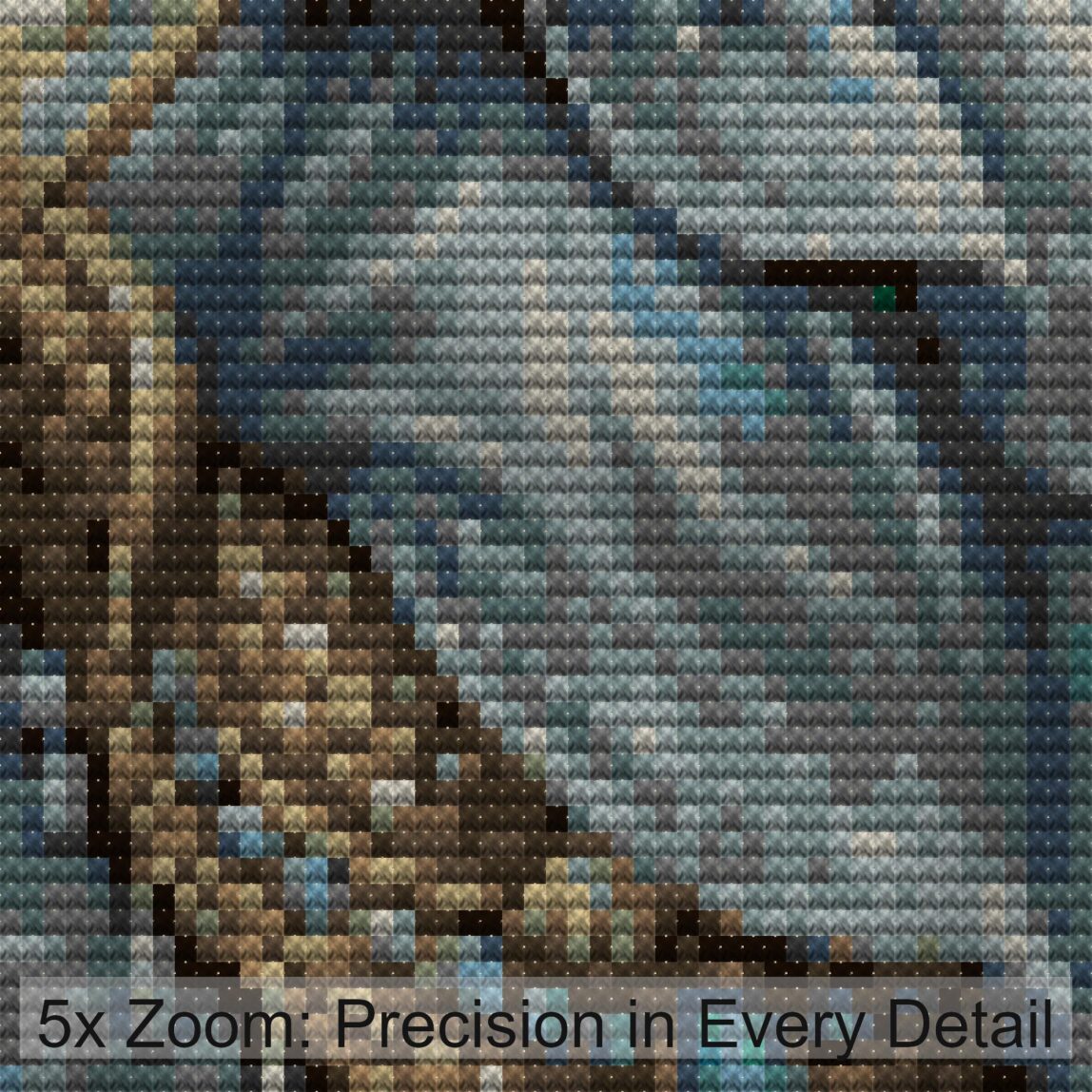 hamster-seahorse close-up cross stitch detail showing color changes, confetti areas and stitch texture