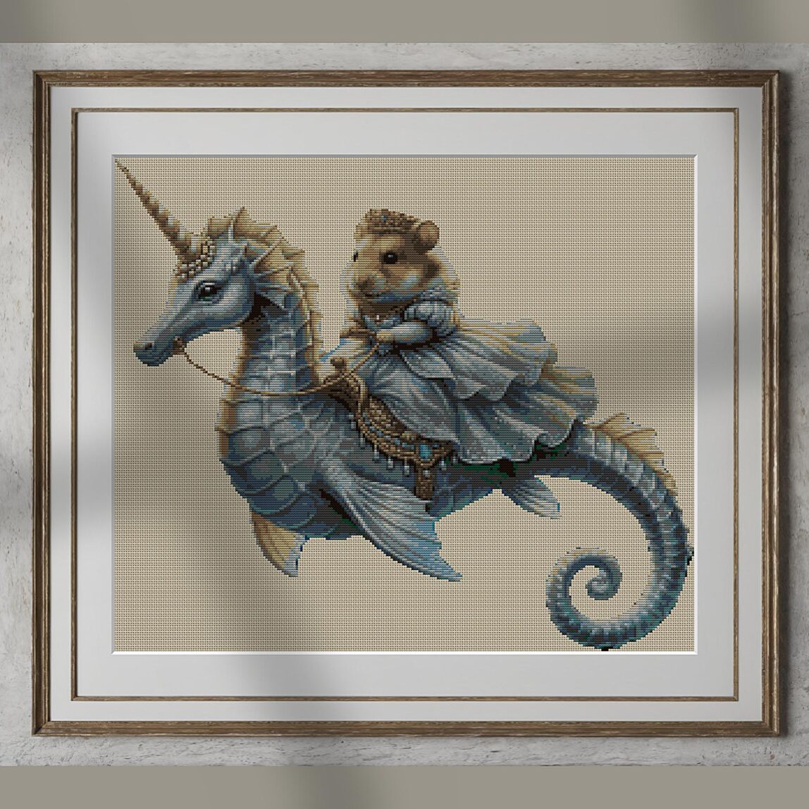 hamster-seahorse alternative framed cross stitch mockup, realistic finished embroidery presentation