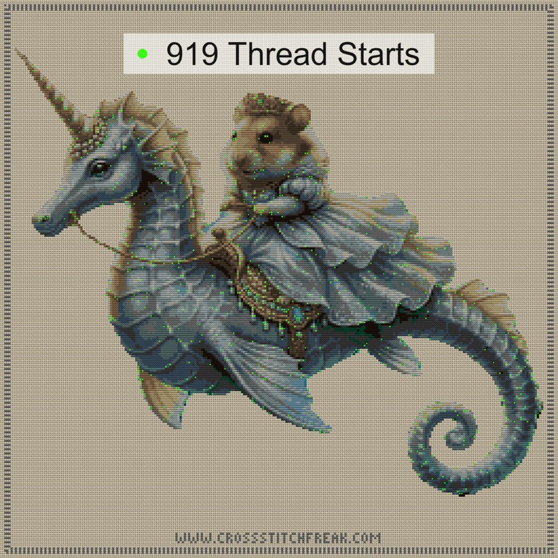 hamster-seahorse cross stitch start point map with highlighted thread start positions in the full design