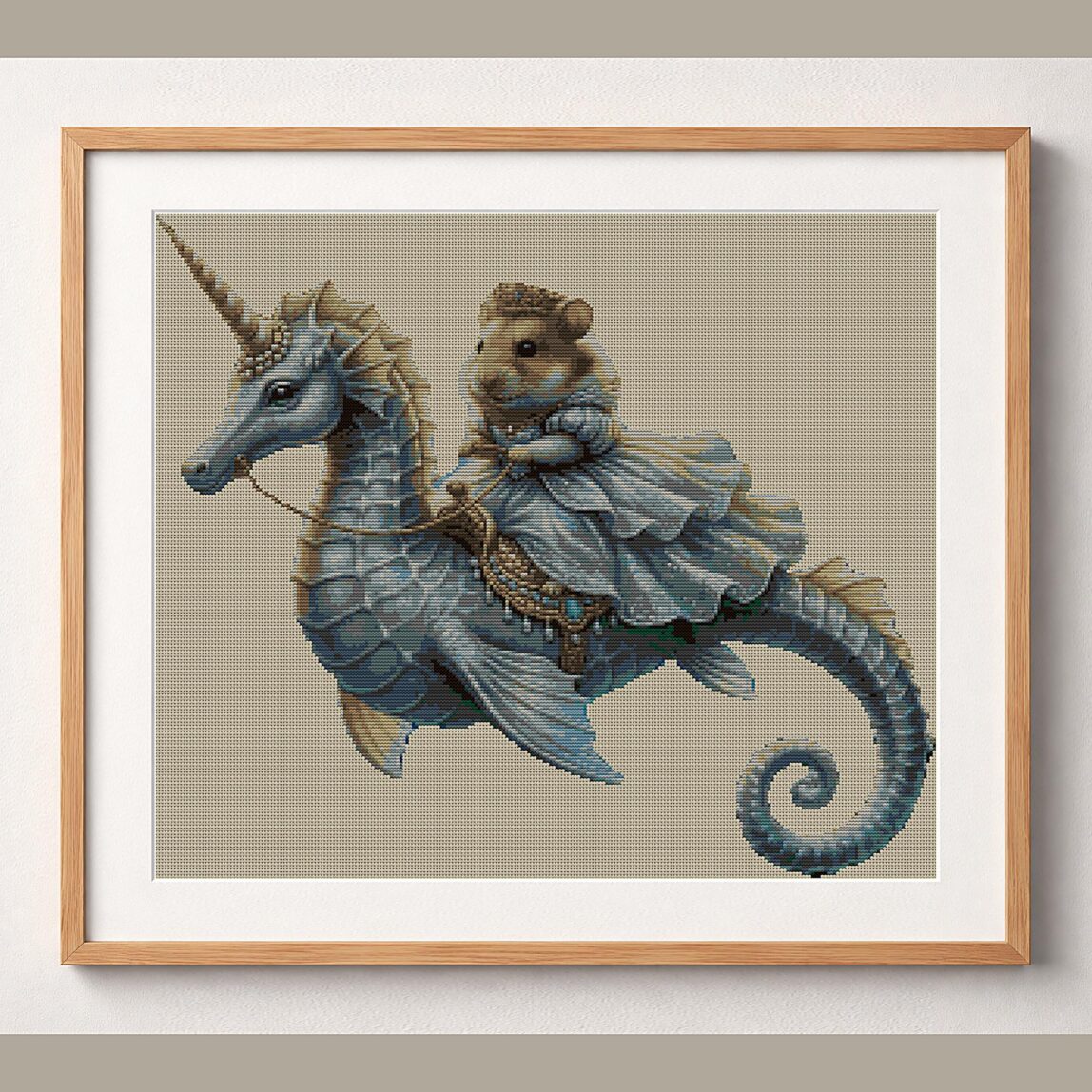 hamster-seahorse framed cross stitch mockup, realistic finished embroidery design, PDF pattern digital download