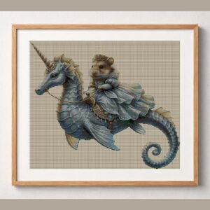 hamster-seahorse framed cross stitch mockup, realistic finished embroidery design, PDF pattern digital download