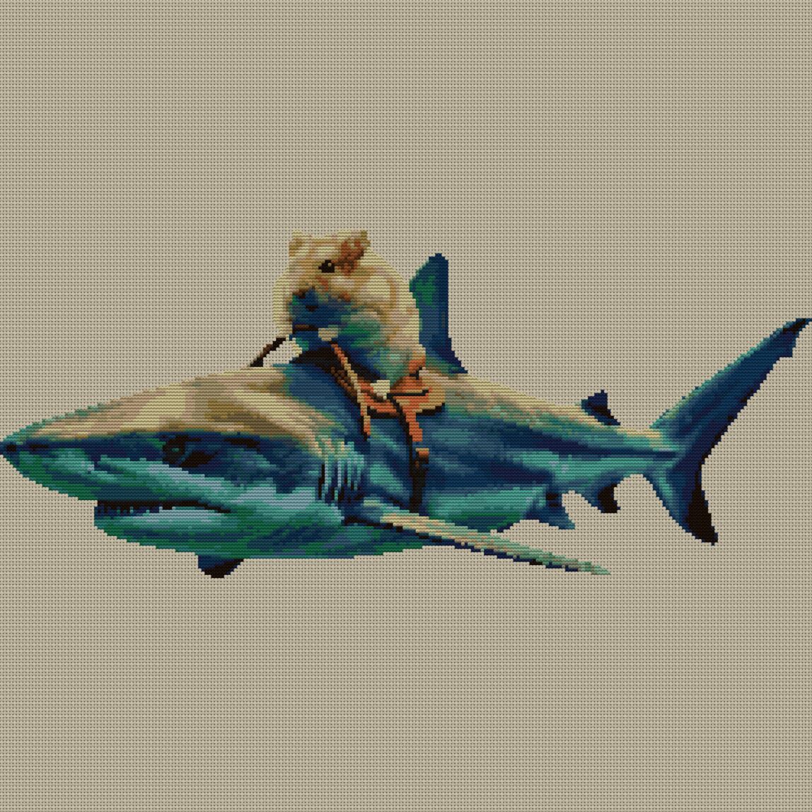 hamster-shark full cross stitch design mockup without frame, realistic embroidery preview