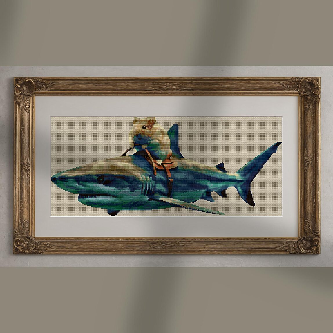 hamster-shark alternative framed cross stitch mockup, realistic finished embroidery presentation