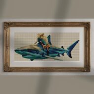 hamster-shark alternative framed cross stitch mockup, realistic finished embroidery presentation