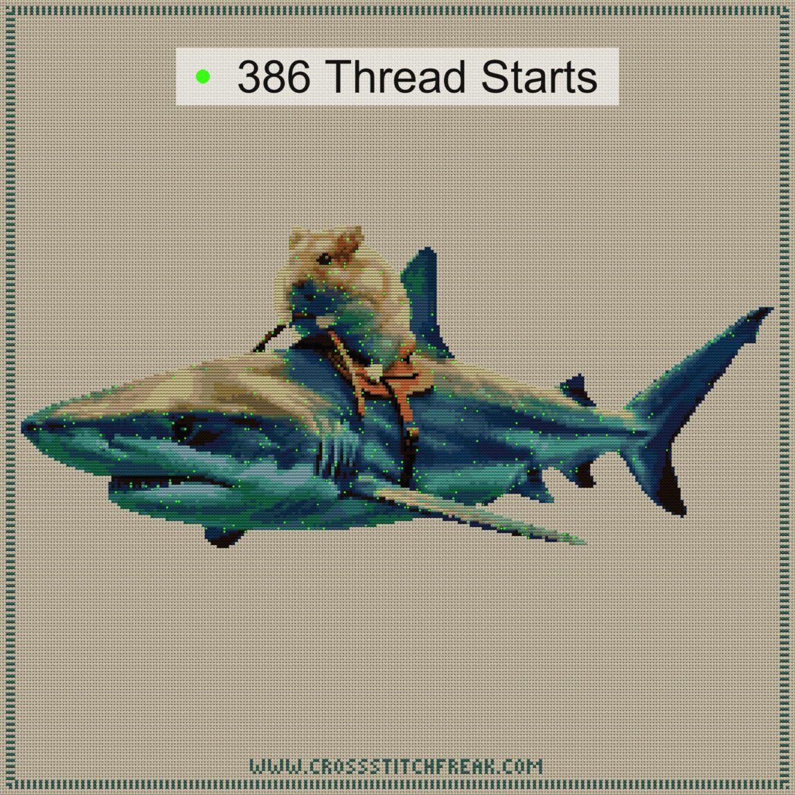 hamster-shark cross stitch start point map with highlighted thread start positions in the full design