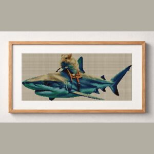 hamster-shark framed cross stitch mockup, realistic finished embroidery design, PDF pattern digital download