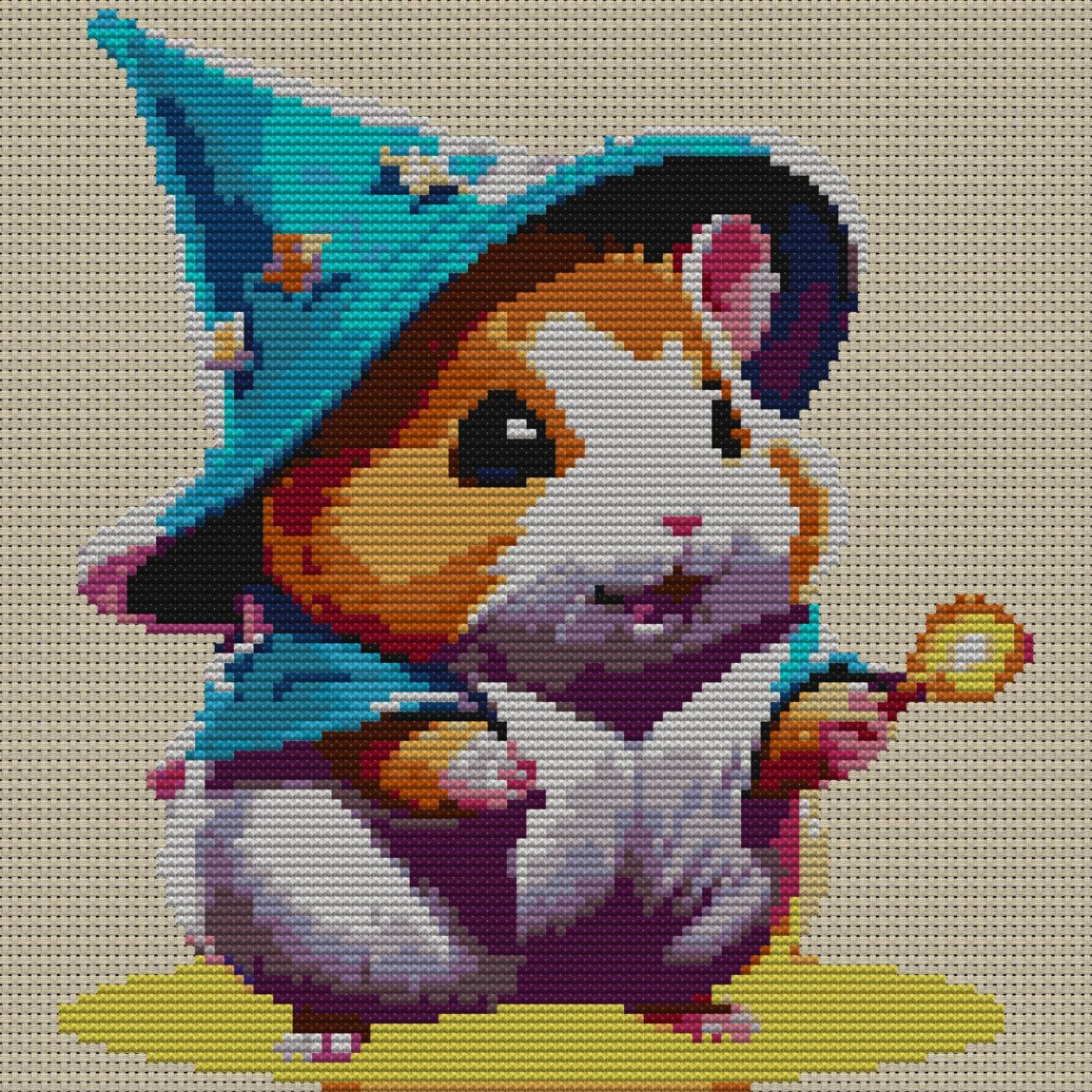 hamster-wizard full cross stitch design mockup without frame, realistic embroidery preview