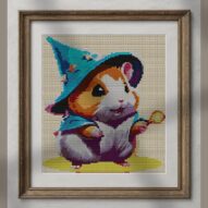 hamster-wizard alternative framed cross stitch mockup, realistic finished embroidery presentation