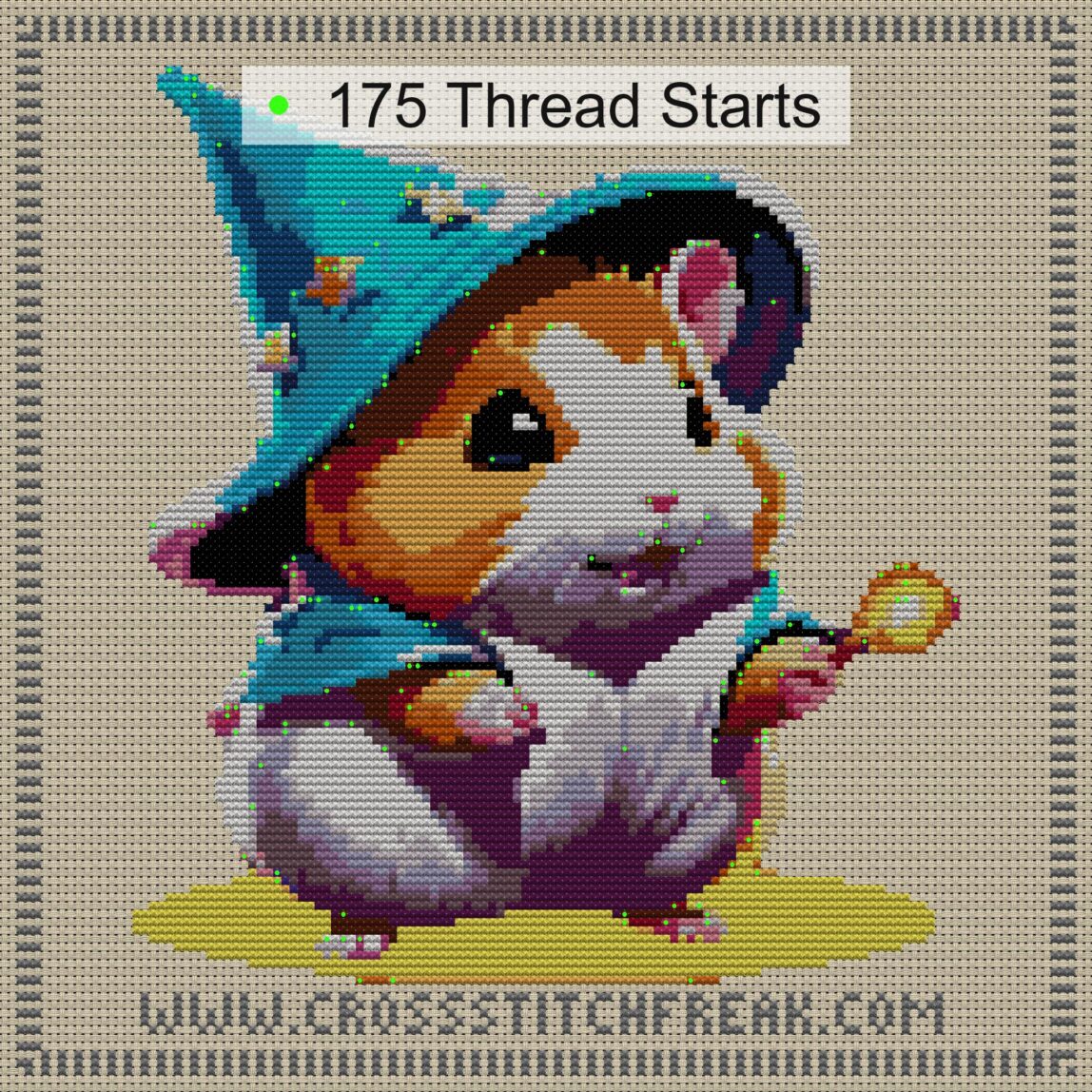 hamster-wizard cross stitch start point map with highlighted thread start positions in the full design
