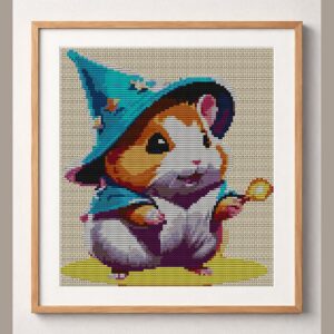 hamster-wizard framed cross stitch mockup, realistic finished embroidery design, PDF pattern digital download