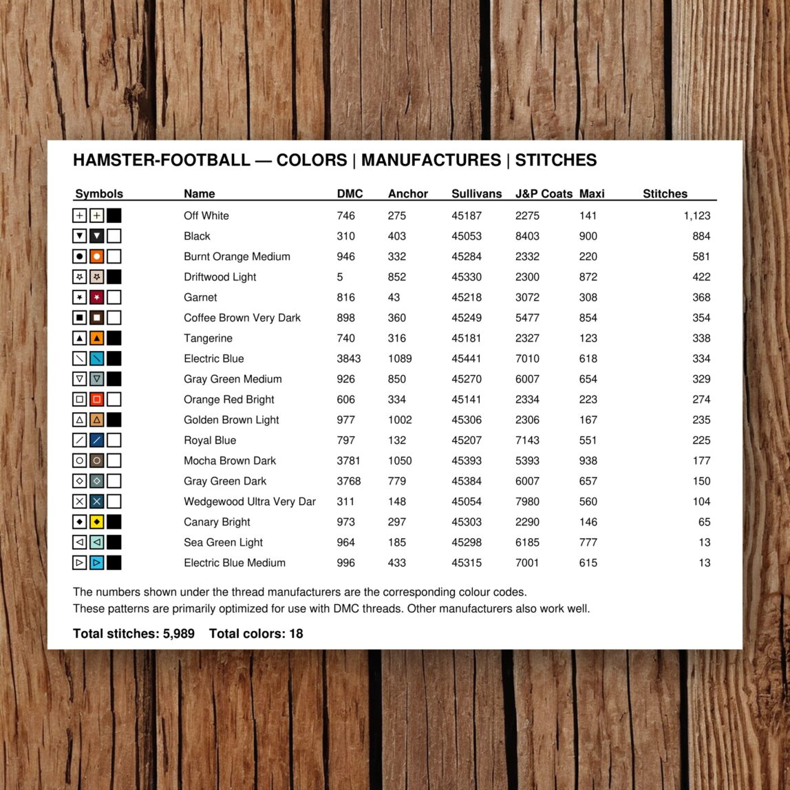 hamster-football floss color chart hamster-football thread color chart with DMC, Anchor, Sullivans, J&P Coats and Maxi color references