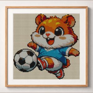 hamster-football framed cross stitch mockup, realistic finished embroidery design, PDF pattern digital download