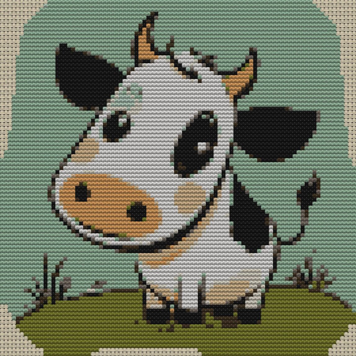 cow-baby full cross stitch design mockup without frame, realistic embroidery preview