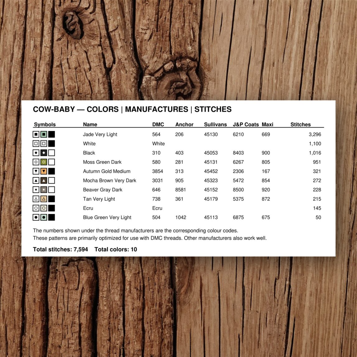 cow-baby thread color chart with DMC, Anchor, Sullivans, J&P Coats and Maxi color references