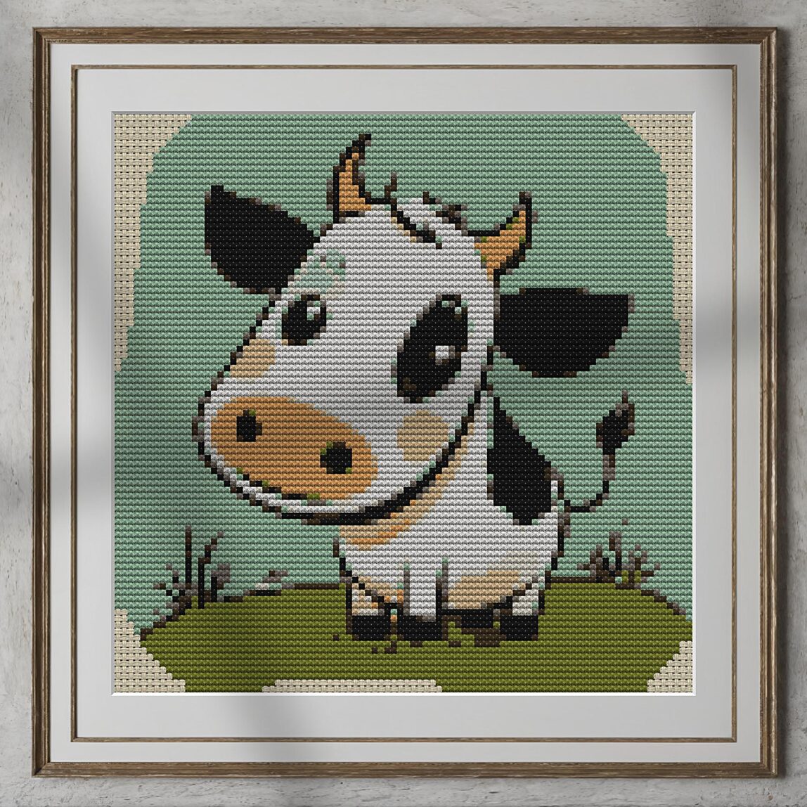 cow-baby alternative framed cross stitch mockup, realistic finished embroidery presentation