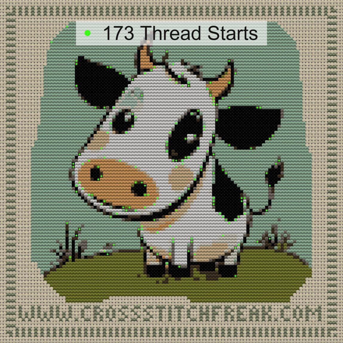 cow-baby cross stitch start point map with highlighted thread start positions in the full design