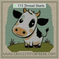cow-baby cross stitch start point map with highlighted thread start positions in the full design