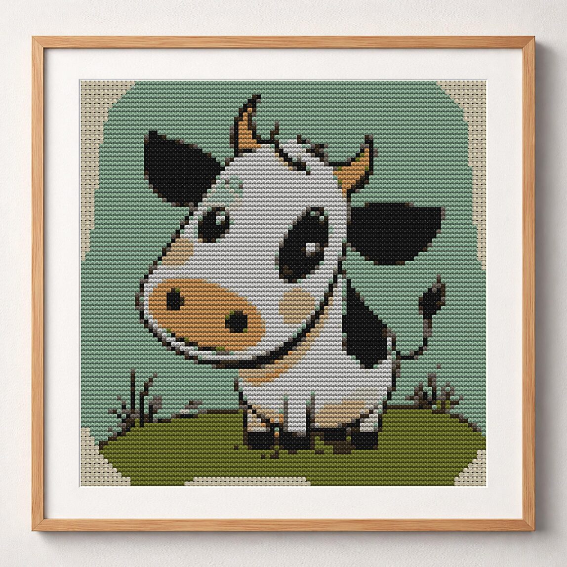 cow-baby framed cross stitch mockup, realistic finished embroidery design, PDF pattern digital download