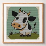 cow-baby framed cross stitch mockup, realistic finished embroidery design, PDF pattern digital download