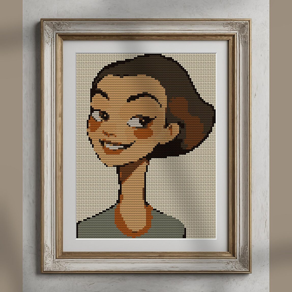 elegant-woman alternative framed cross stitch mockup, realistic finished embroidery presentation