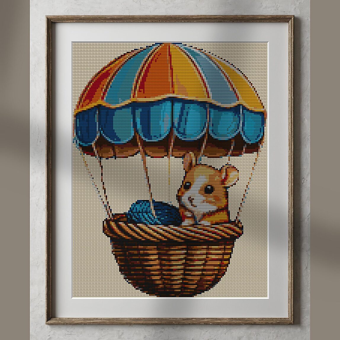 hamster-balloon alternative framed mockup hamster-balloon alternative framed cross stitch mockup, realistic finished embroidery presentation