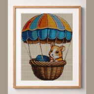 hamster-balloon framed cross stitch mockup, realistic finished embroidery design, PDF pattern digital download