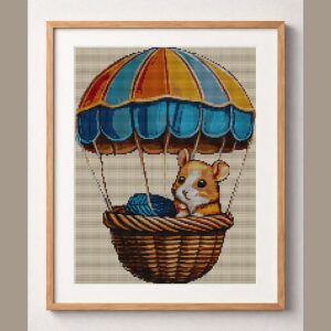 hamster-balloon framed cross stitch mockup, realistic finished embroidery design, PDF pattern digital download