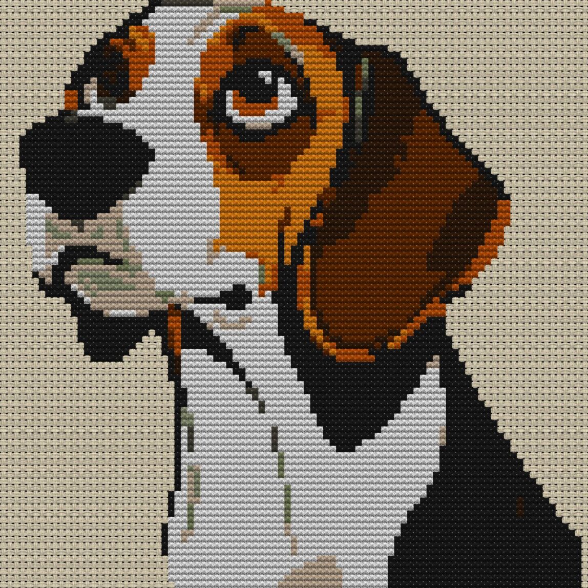 beagle full cross stitch design mockup without frame, realistic embroidery preview