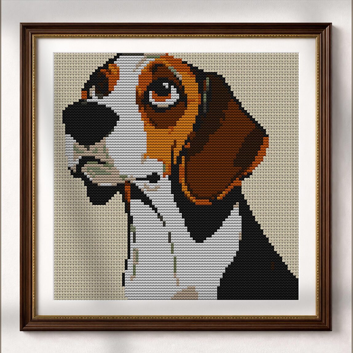 beagle alternative framed cross stitch mockup, realistic finished embroidery presentation