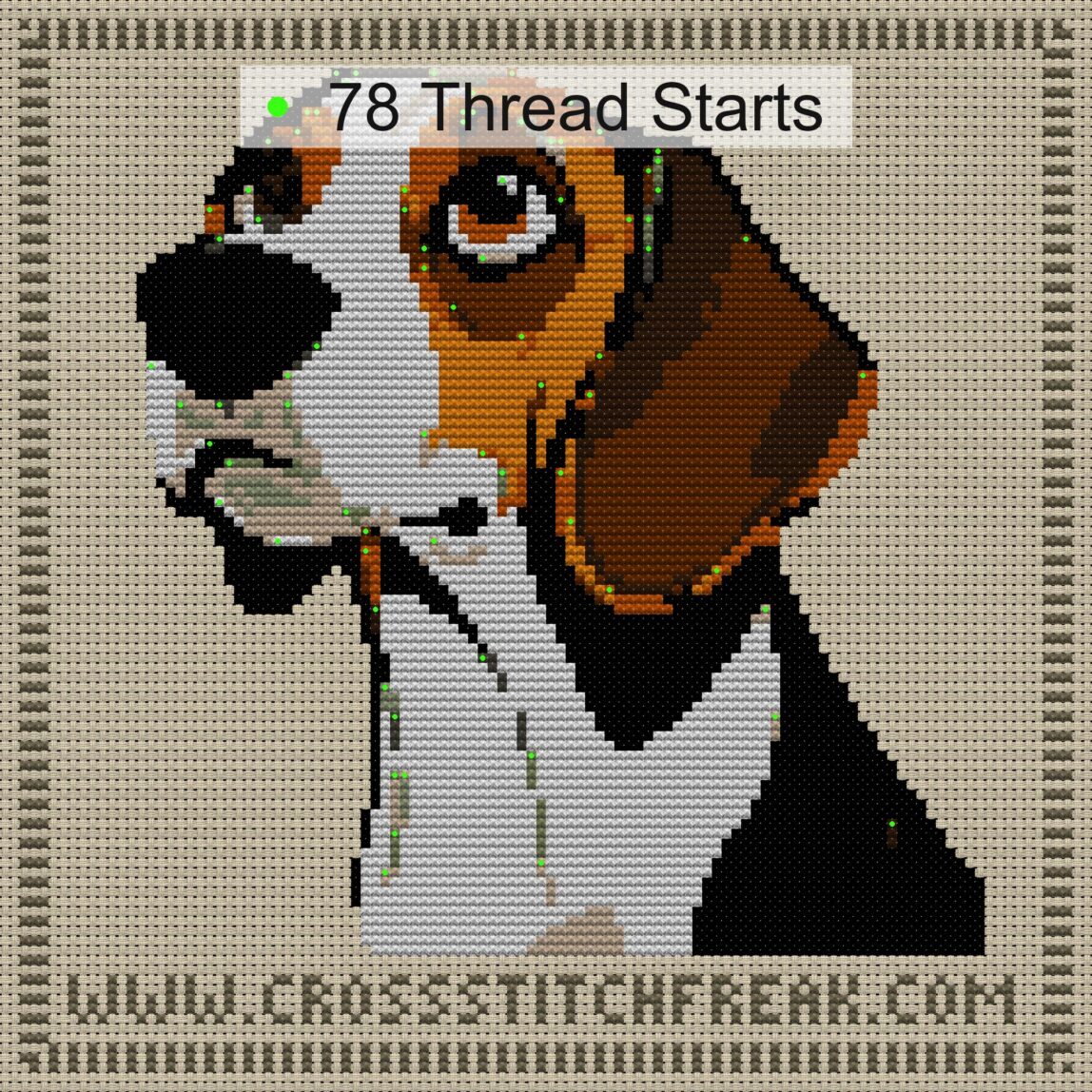 beagle cross stitch start point map with highlighted thread start positions in the full design