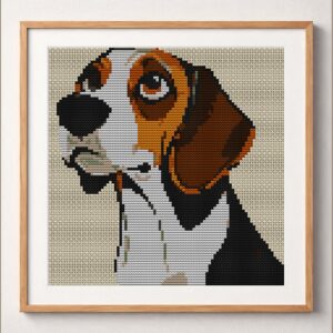 beagle framed cross stitch mockup, realistic finished embroidery design, PDF pattern digital download