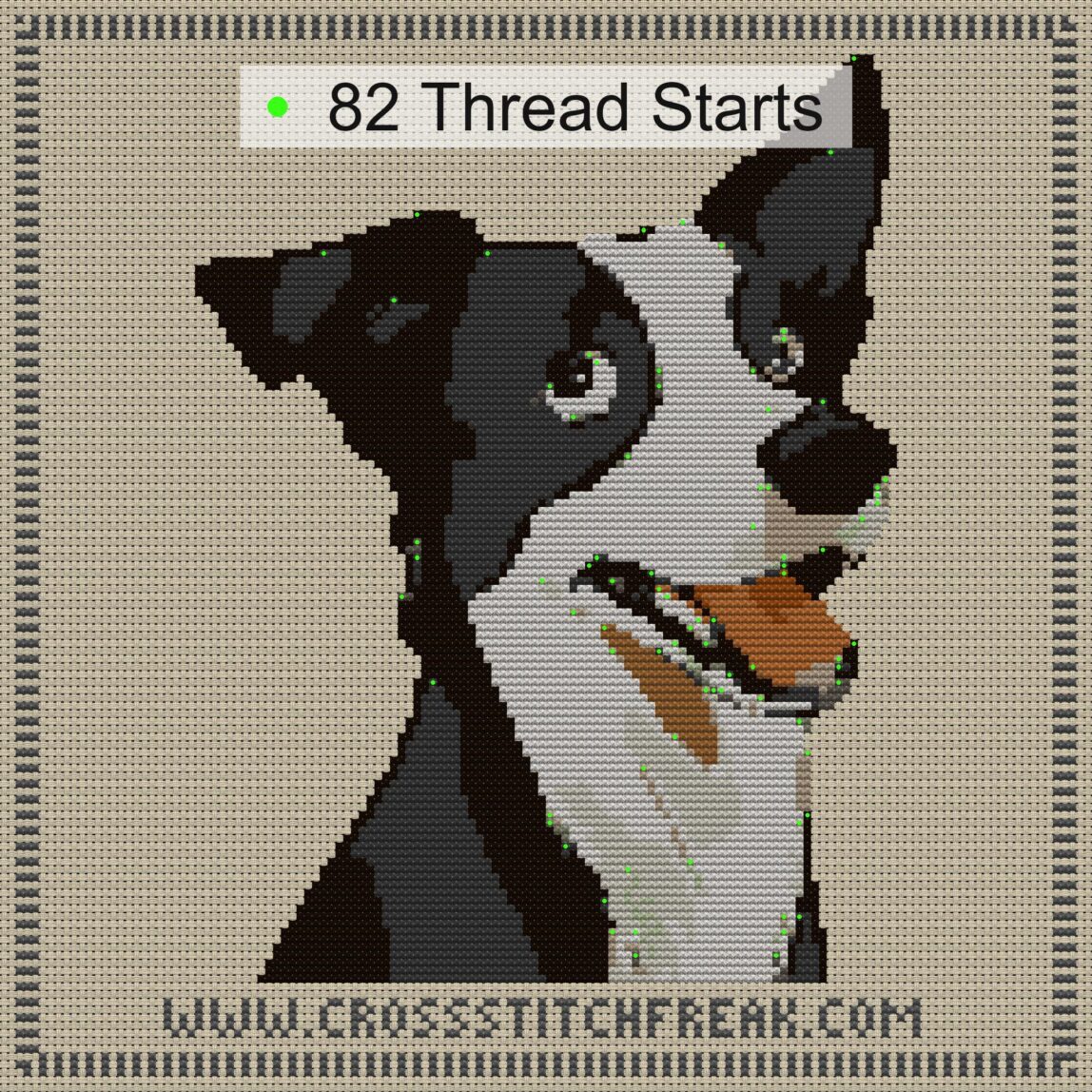 border-collie thread start point map border-collie cross stitch start point map with highlighted thread start positions in the full design