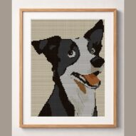 border-collie framed cross stitch mockup, realistic finished embroidery design, PDF pattern digital download