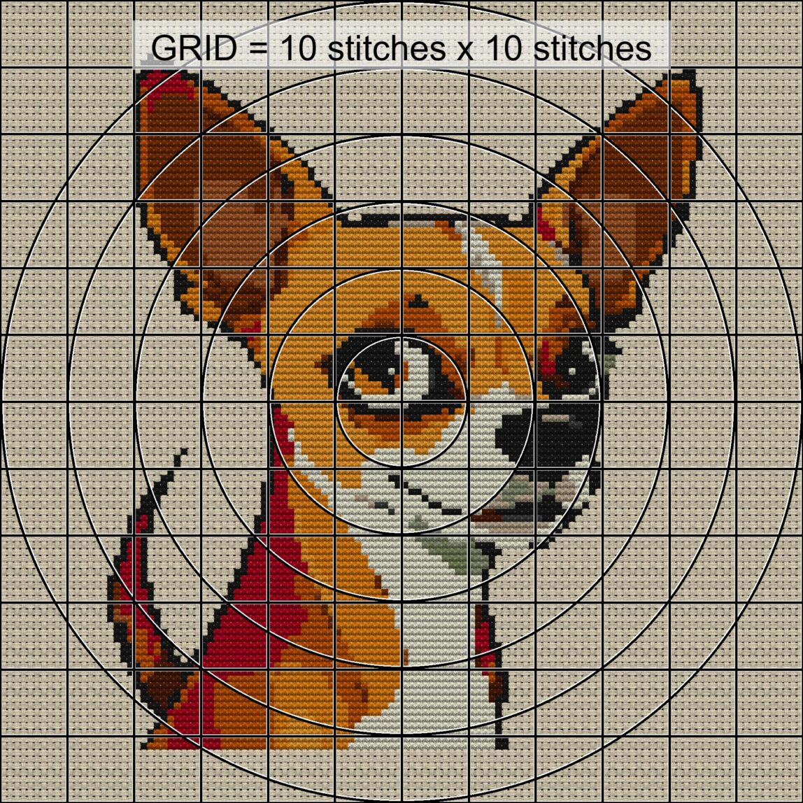 chihuahua close-up cross stitch detail showing color changes, confetti areas and stitch texture